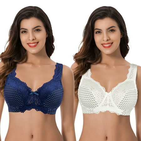 

Curve Muse Women s Minimizer Unlined Underwire Bra With Lace Embroidery-2 pack-Buttermilk Print Blue Print-36DDD