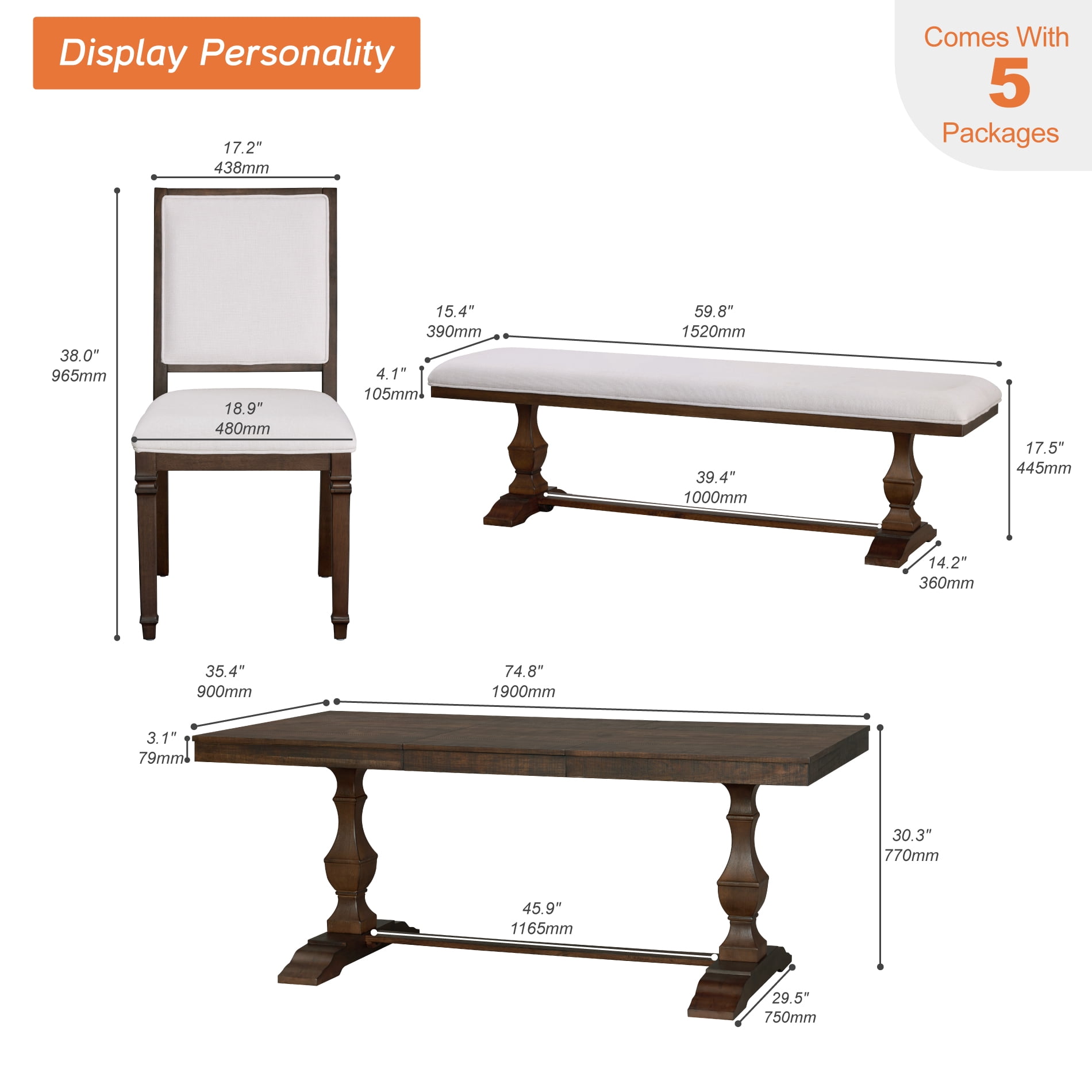 WAMPAT 5-pieces Farmhouse Dinning Table,74.8" Kitchen Table Set with 2 Benches and 2 Chairs for 6-8,Solid Wood Legs and Cushion Seat for Kitchen & Living Room,Espresso Brown