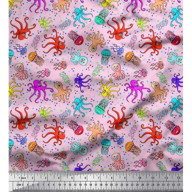 Soimoi Polyester Crepe Fabric Dot,Octopus & Jellyfish Ocean Decor Fabric Printed Yard 52 Inch Wide