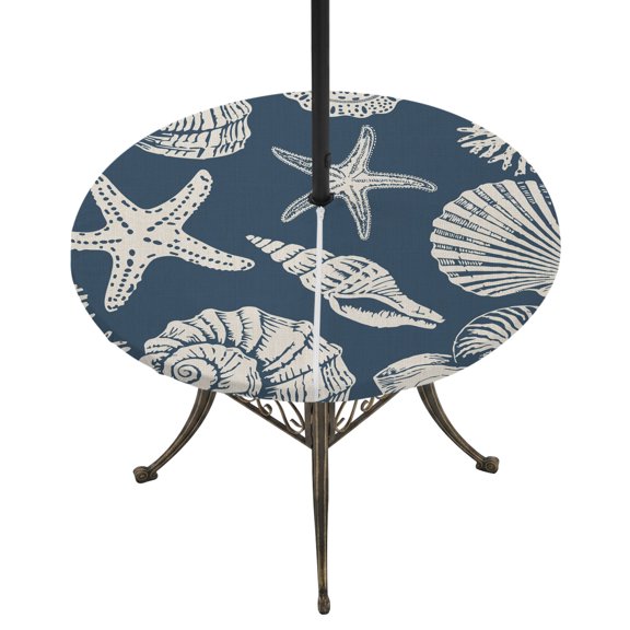 Outdoor Tablecloth with Umbrella Hole and Zipper Shell Starfish Round Fitted Table Cover with Elastic Waterproof Blue Coastal Coral Conch Patio Tablecloths for Picnic BBQS Garden Party Fit 45"-54"
