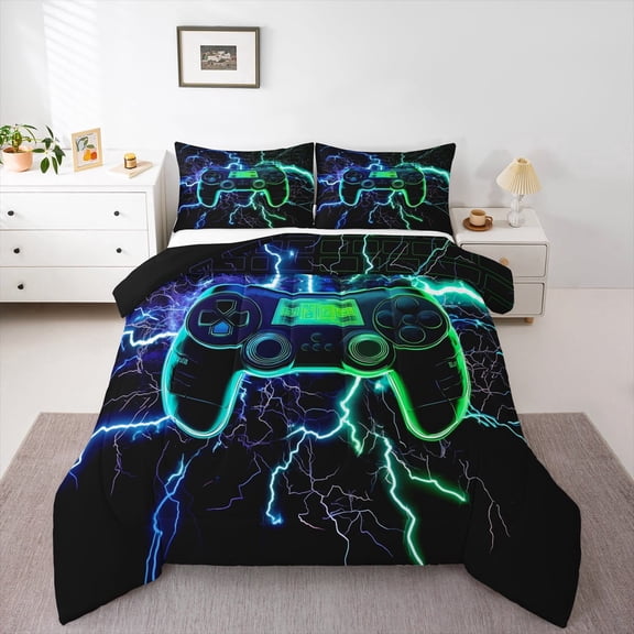Erosebridal Modern Gaming Bedding Sets Twin with Comforter, 3D Gamepad Comforter Sets Twin Size, Neon Lightning Reversible Duvet Insert, Lightweight Bedroom Decoration, 2pcs