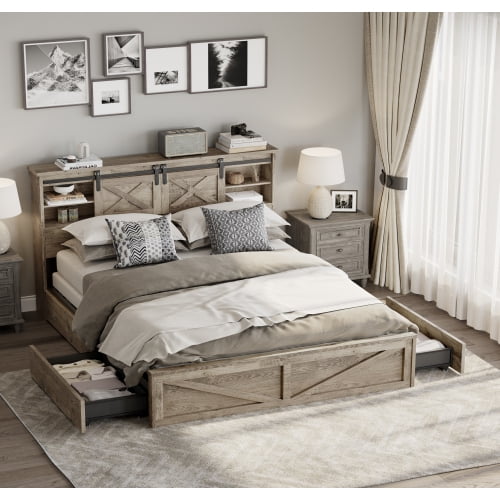 HICOMILA Farmhouse King Size Bed Frame with LED Lights, Charging Station & Under-Bed Storage Drawers, Rustic Wooden Bed with Sliding Barn Door Headboard, No Box Spring Required, Gray