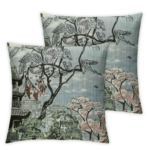 Acheng Chinoiserie Blue Pink Green Pillow Covers set of 2,Blue and White Pillow Covers Outdoor Decorative Pillow Covers for Couch Bed Sofa Cushion Farmhouse Pillowcases 12x12in