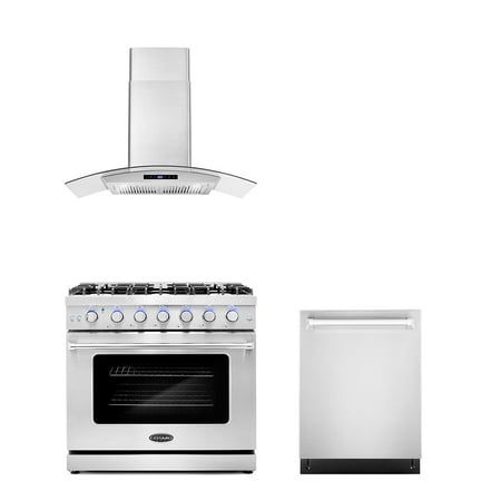 Cosmo 3 Piece Kitchen Appliance Packages with 36  Freestanding Gas Range Kitchen Stove 36  Wall Mount Range Hood & 24  Built-in Fully Integrated Dishwasher Kitchen Appliance Bundles