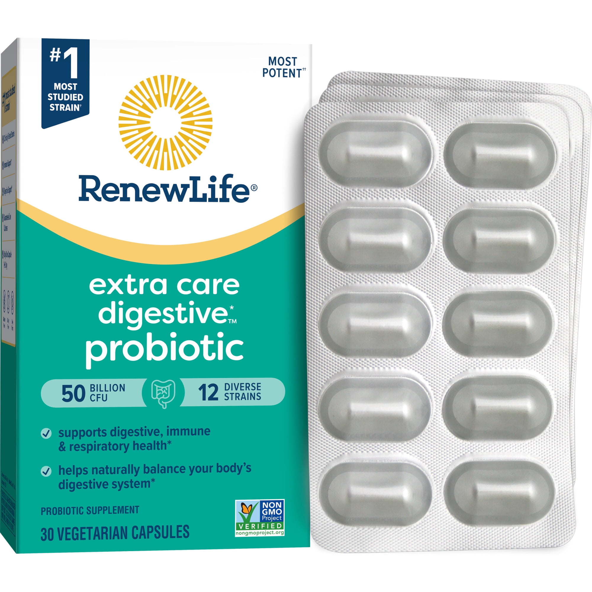 Renew Life Adult Extra Care Probiotic Capsules, 50 Billion, 30 Ct, Go Pack