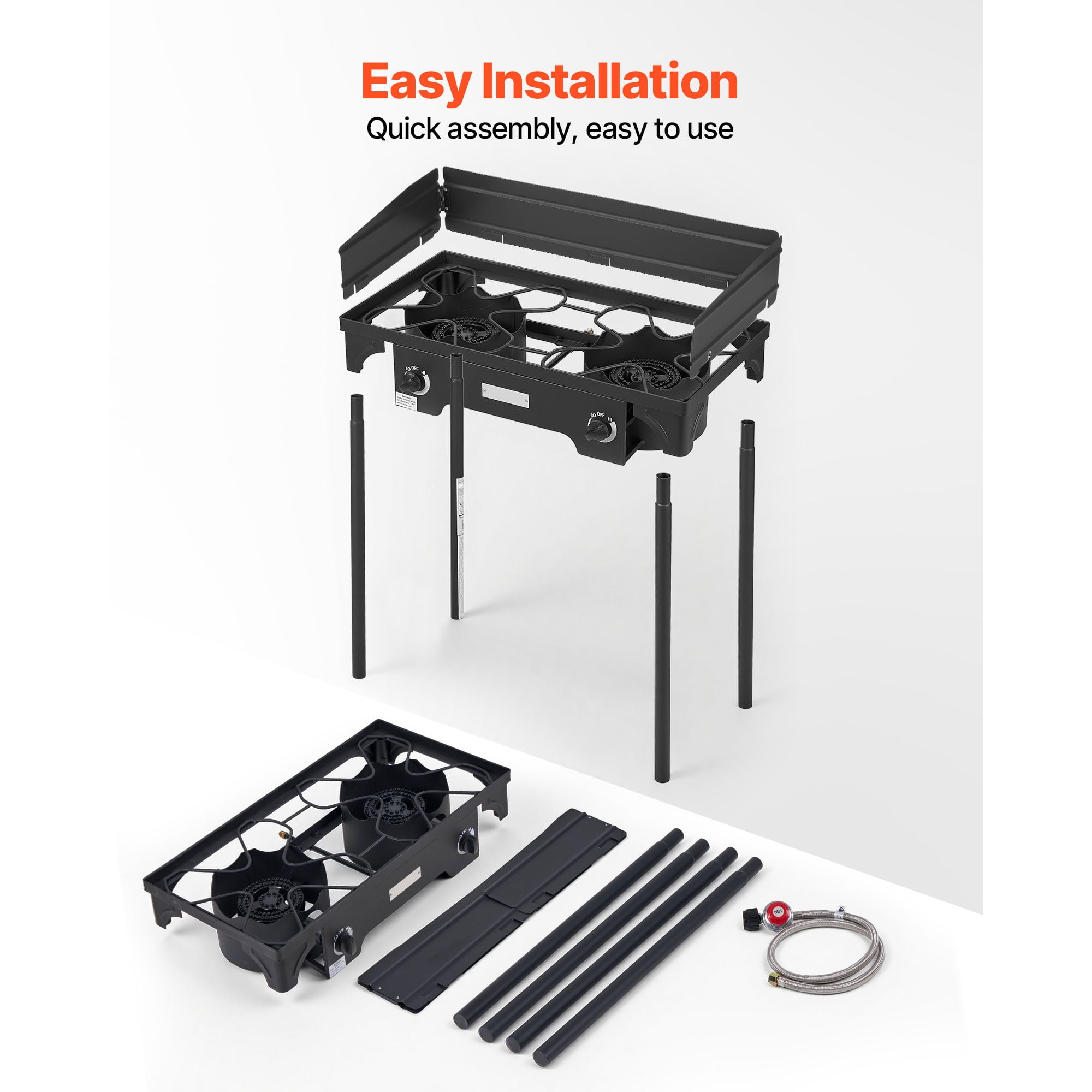 KFFKFF 2 Burner Outdoor Propane Gas Stove, 150,000 BTU LPG Camping Cooker, Durable Carbon Steel with Wind Shield, Tall Stand & Regulator, Ideal for BBQ, Camping, Patio, and Backyard Use