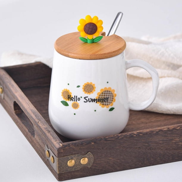 Tazas de cerámicatazas de té de café con patrón de girasol Tazas con tapas y cucharastazas de agua de cerámica de 420 ml para beber té de café Agua de leche de cacaoBlanco1 Khall 3.1182E+12