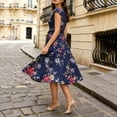thumbnail image 5 of Xaqiouau Womens Floral Midi Dress Cap Sleeve Casual Summer A Line Dress Crew Neck Fit and Flare Belted Party Wedding Guest Dress, 5 of 9