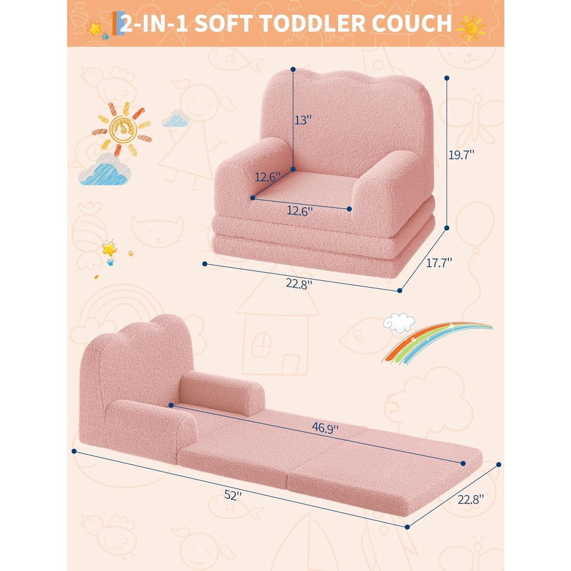 Home Kids Couch, 2-in-1 Convertible Toddler Sofa Chair, Soft Fold Out Couch Lounger for Kids, Comfy Children's Sofa Bed for Playroom