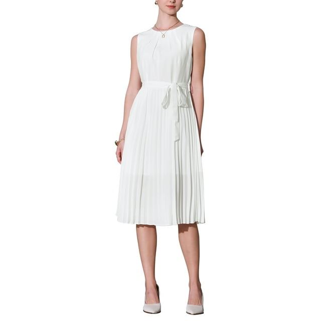 Vestido sin mangas plisado para mujer Inspire Chic, con cinturón, casual, de oficina, corte A, talla XL, blanco