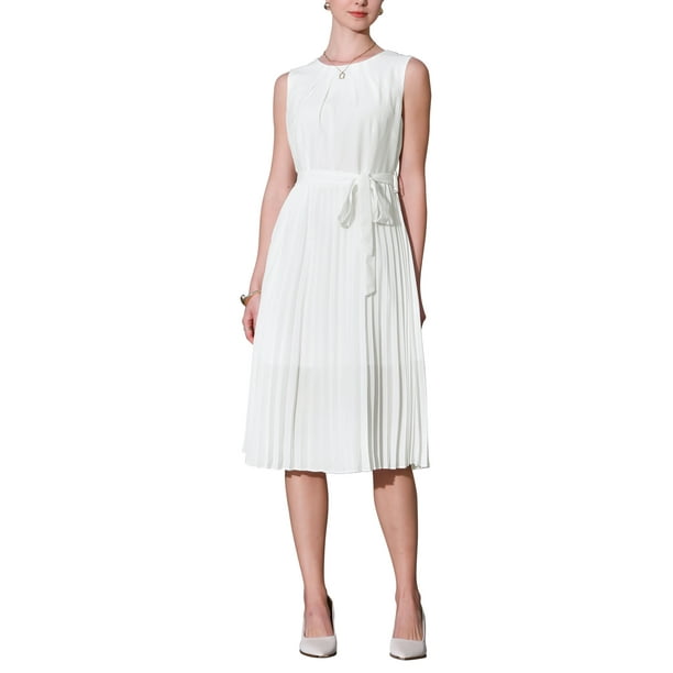 Vestido sin mangas plisado para mujer Inspire Chic, con cinturón, casual, de oficina, corte A, color blanco