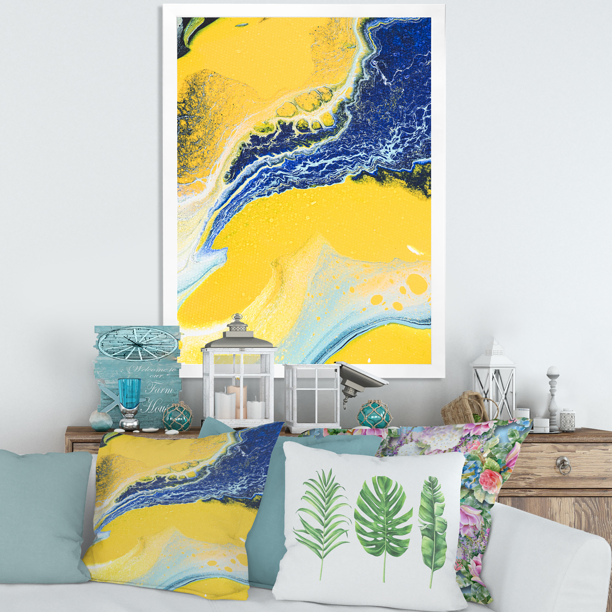 Designart 'Abstract Composition In Blue and Yellow VII' Modern Framed Art Print