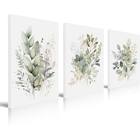 Sage Green Wildflower Wrapped Canvas Print -Set of 3 Bohemian Floral Watercolor Wall Art-Modern Botanical Suitable for Home Bedroom Farmhouse Office Decor 12x16 Inch Framed