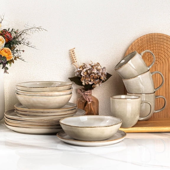 Ceramic Dinnerware Set with Reactive Glaze Stoneware Plates and Bowls Dishwasher and Microwave Safe Service for 4 with Mugs Cappuccino