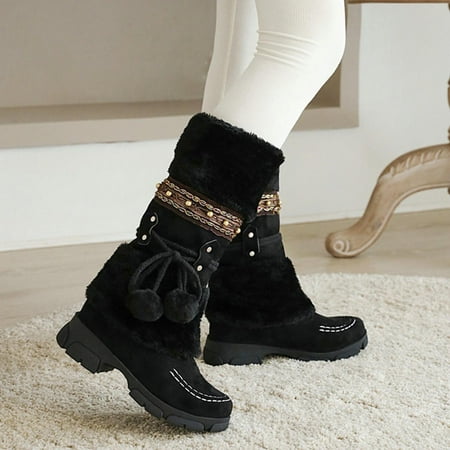 

S LUKKC LUKKC New Year s Eve Gifts! Snow Boots for Women Suede Knee High Boots Mid Calf Fluffy Winter Warm Booties Chunky Block Heel Slip on Boots Outdoor Anti Slip Hiking Shoes