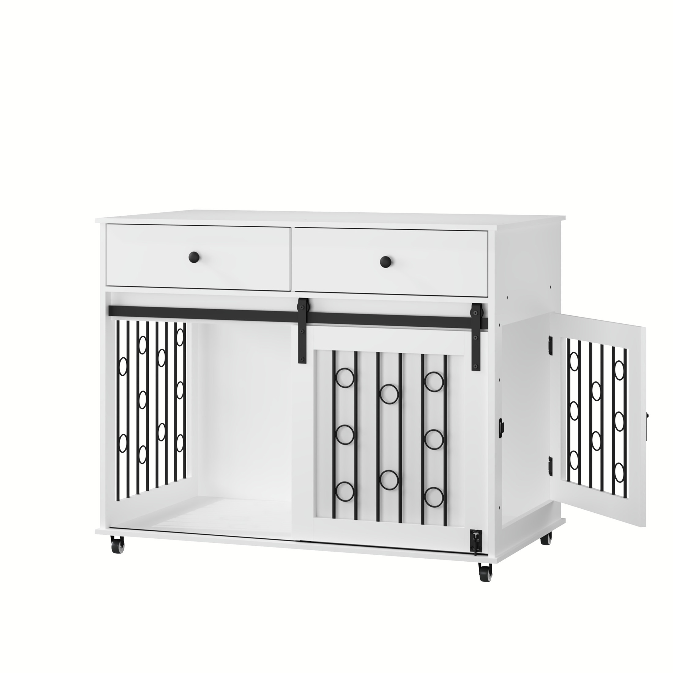 Noble House 39.37" Modern Dog Crate Furniture with Sliding Barn Door and Drawers, Pet Kennel with Lockable Wheels, White