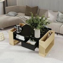 High Glossy Coffee Table with 2 Drawers, Practical Two Tone Center Table with Hidden Compartments, Rectangle Cocktail Table with Open Storage Shelf for Living Room, Bedroom, Black, 41.3*23.6"