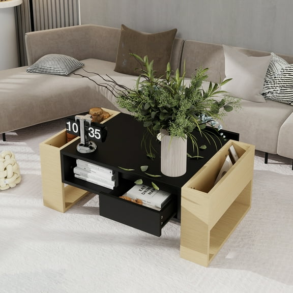 High Glossy Coffee Table with 2 Drawers, Practical Two Tone Center Table with Hidden Compartments, Rectangle Cocktail Table with Open Storage Shelf for Living Room, Bedroom, Black, 41.3*23.6"