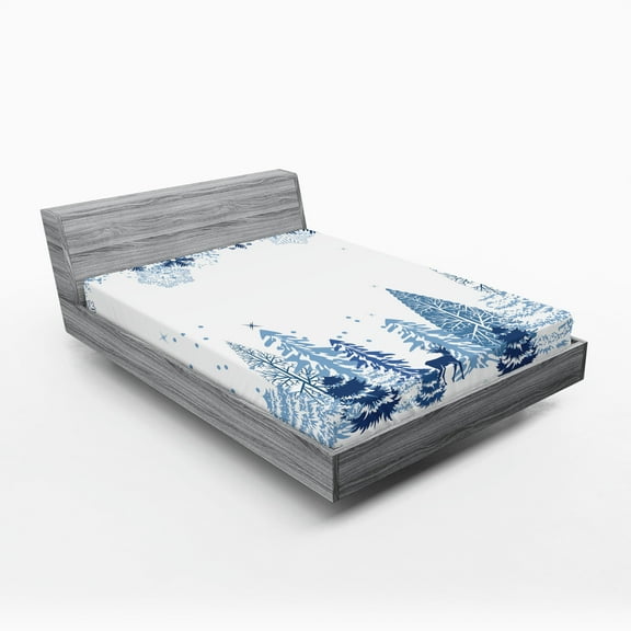 Ambesonne Winter Fitted Sheet, Deer Pine Trees Xmas, California King, Blue White
