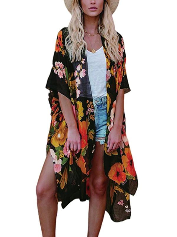 Womens Beach Blouse Bikini Cover Up Loose Maxi Floral Bohemian Beachwear Dress