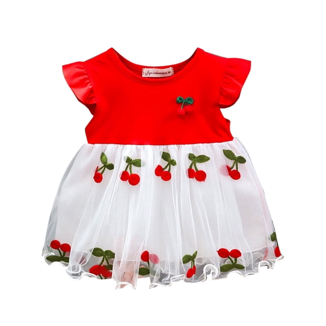 SXcggal One Jupe pour Enfants Style Cerise Rouge Style d'Été Robe à Manches Courtes Jupe à Coutures Broderie Style Western Jupe Fille Douce Mignonne Décontractée Robe pour Enfants
