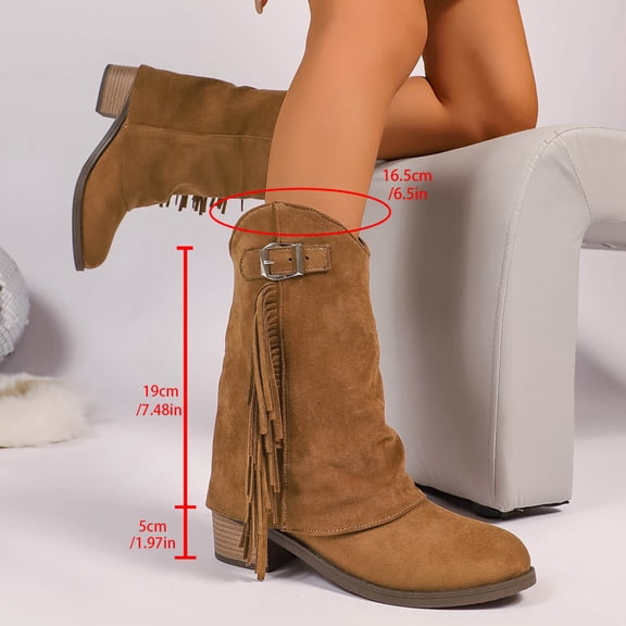 Viluyesy Womens Flodover Boots, Pull-On Chunky Heels Retro Tassel Trendy Western Mid Calf Boots Brown US9.5
