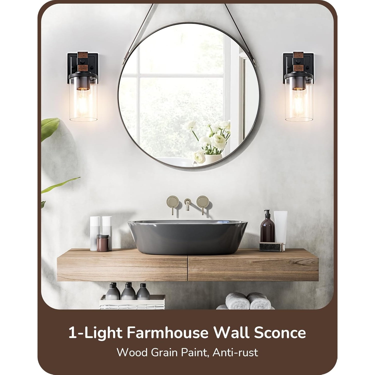 Wall Sconces Set of 2, Farmhouse Vanity Lights Fixtures for Bathroom, 1-Light Faux Wood Rustic Bath Wall Mount Lamp with Clear Glass Shade for Hallway, Living Room, Mirror, Kitchen