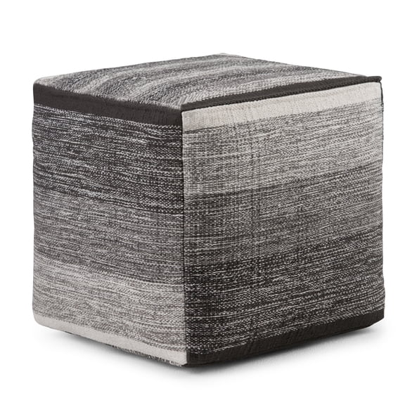 Simpli Home Naya 16 inch Wide Boho Cube Pouf in Patterned Grey Melange Handwoven Cotton