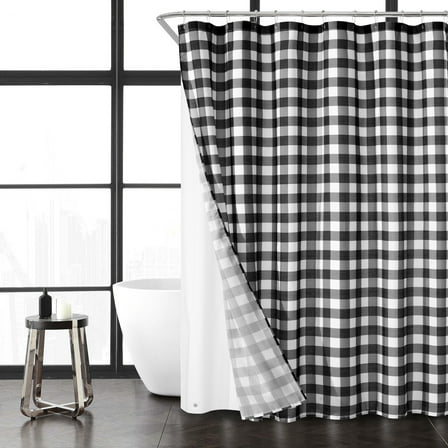 Mainstays 14-Piece Buffalo Plaid Faux Linen Shower Curtain Set with Hooks & PEVA Liner – Rustic Cabin Bathroom Decor, 72" x 70
