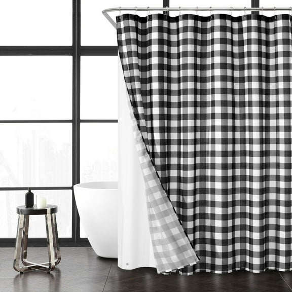 Mainstays 14-Piece Buffalo Plaid Faux Linen Shower Curtain Set with Hooks & PEVA Liner – Rustic Cabin Bathroom Decor, 72" x 70