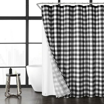 Mainstays 14 Piece Black Buffalo Plaid Printed Faux Linen 72" x 70" Shower Set with 12 Metal Shower Hooks and Peva Liner, Polyester