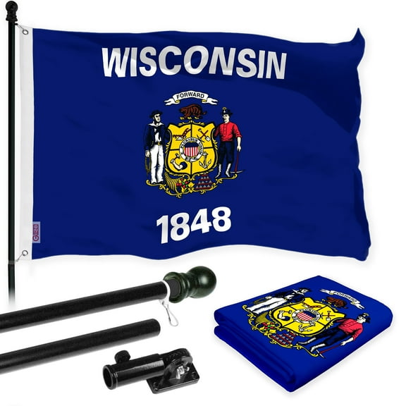 G128 Combo Pack: 6 Ft Tangle Free Aluminum Spinning Flagpole (Black) & Wisconsin WI State Flag 3x5 Ft, LiteWeave Pro Series Printed 300D Polyester | Pole with Flag Included