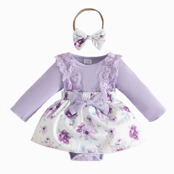 Splozh New Born Clothes Baby Girls Romper Baby Girls Long Sleeve Lace Triangle Romper Dress Newborn Casual Dress Cover Up with Bow Headband, Light Purple, 12-18 Months