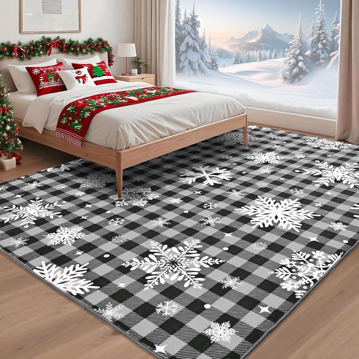 Bleum Cade 8'x10' Christmas Snowflake Area Rugs for Living Room, Washable Rugs for Bedroom Dinning Room,Grey Buffalo Plaid Rug Ultra Soft Non Slip Durable Large Carpet Home Decor