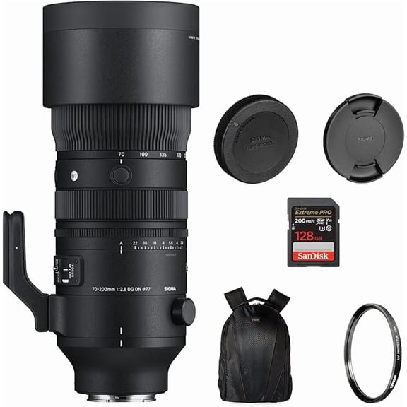 Sigma 70-200mm f/2.8 DG DN OS Sports Camera Lens with UV Filter, 128GB SD Card & Camera Backpack Bundle