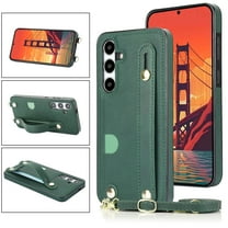 Allytech Slim Case for Samsung Galaxy S24 Plus with Card Slot & Shoulder Strap, Premium PU Leather Adjustable Strap Wristband Kickstand Shockproof Full Protective Cover for Women Men - Green