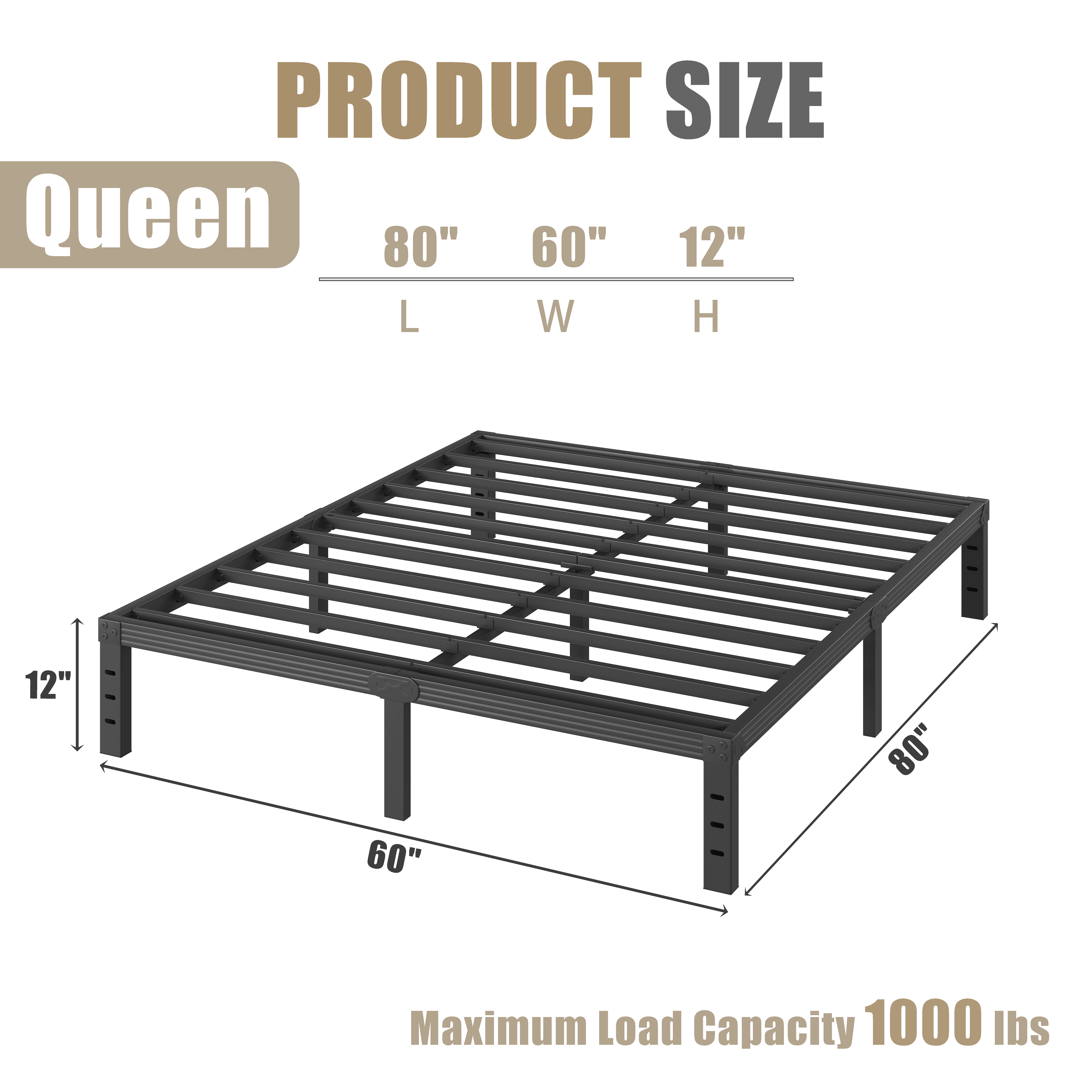 RLDVAY 12 inch Queen Bed Frame,Heavy Duty Metal Platform,No Box Spring Needed,Noise-Free,Easy Assembly