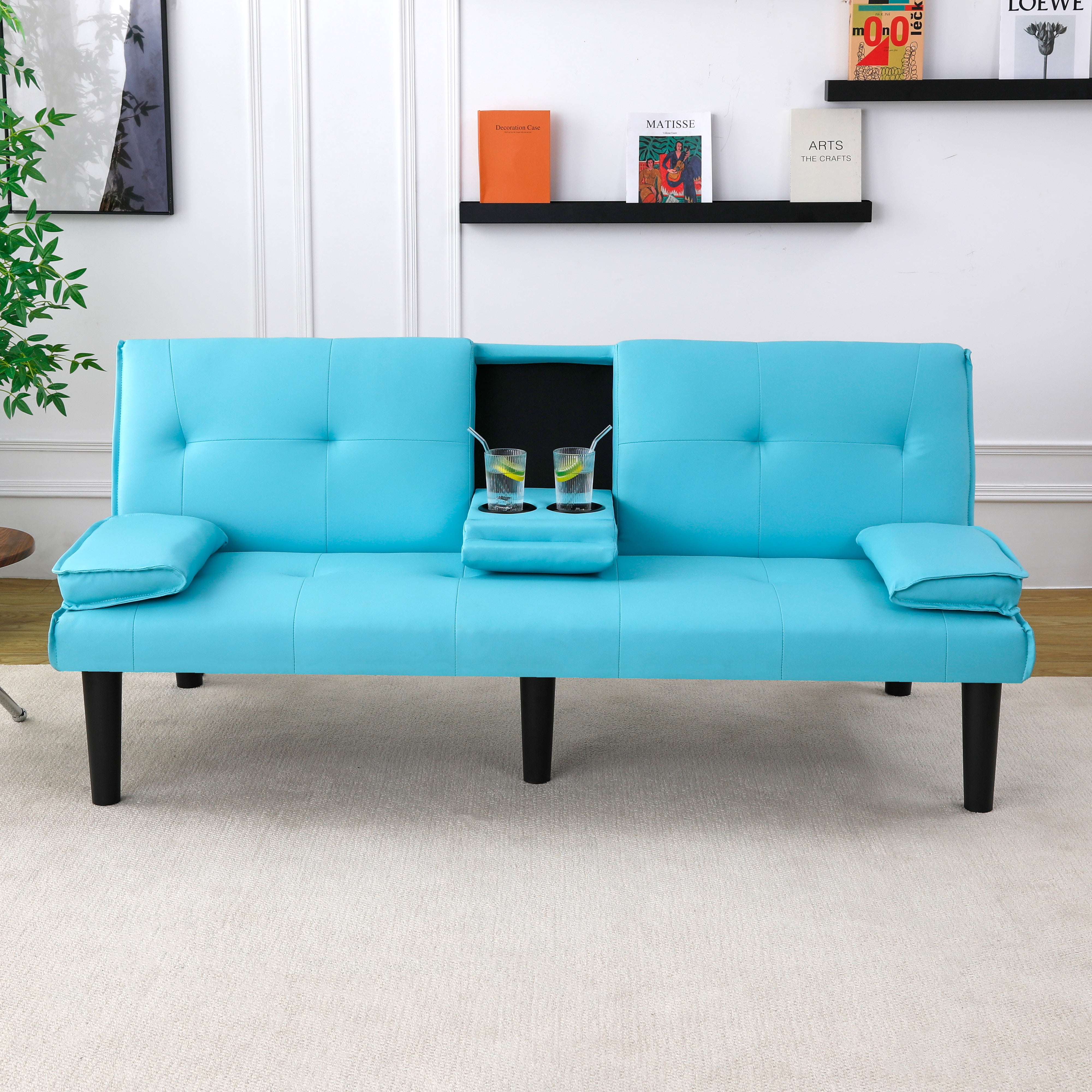 BSHTI 67-inch Foldable Futon Sleeper with S-Spring Support, 2-Seater Convertible Sofa Bed, PVC Faux Leather, Simple Assembly, Blue