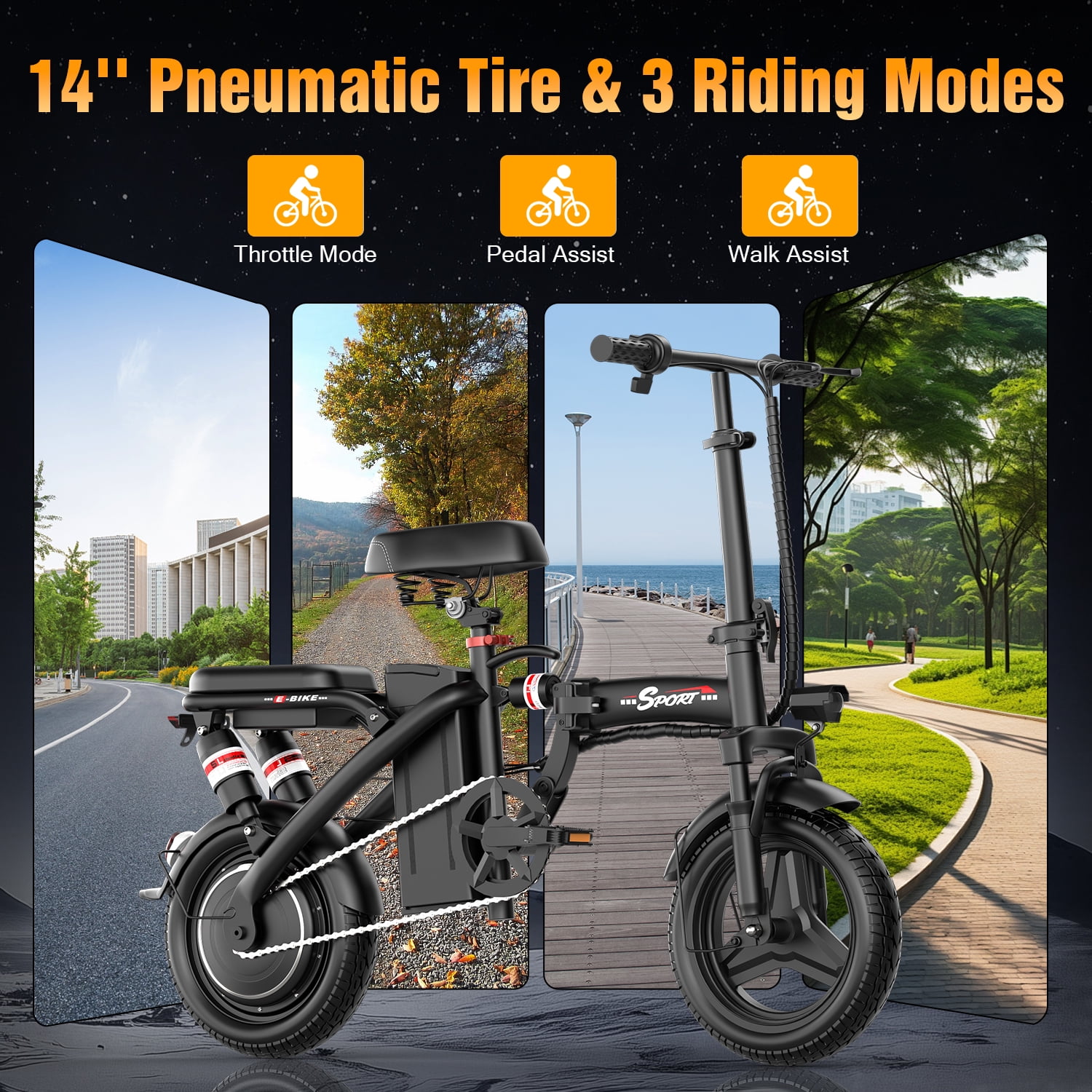 Electric Bike for Adults Teens, 1000W Peak Motor, 25MPH Folding E-Bike, 720Wh Battery, 45 Miles Range, Advanced 6 Point Suspension, 14" Compact Electric Bicycle with Pedals for Commuting