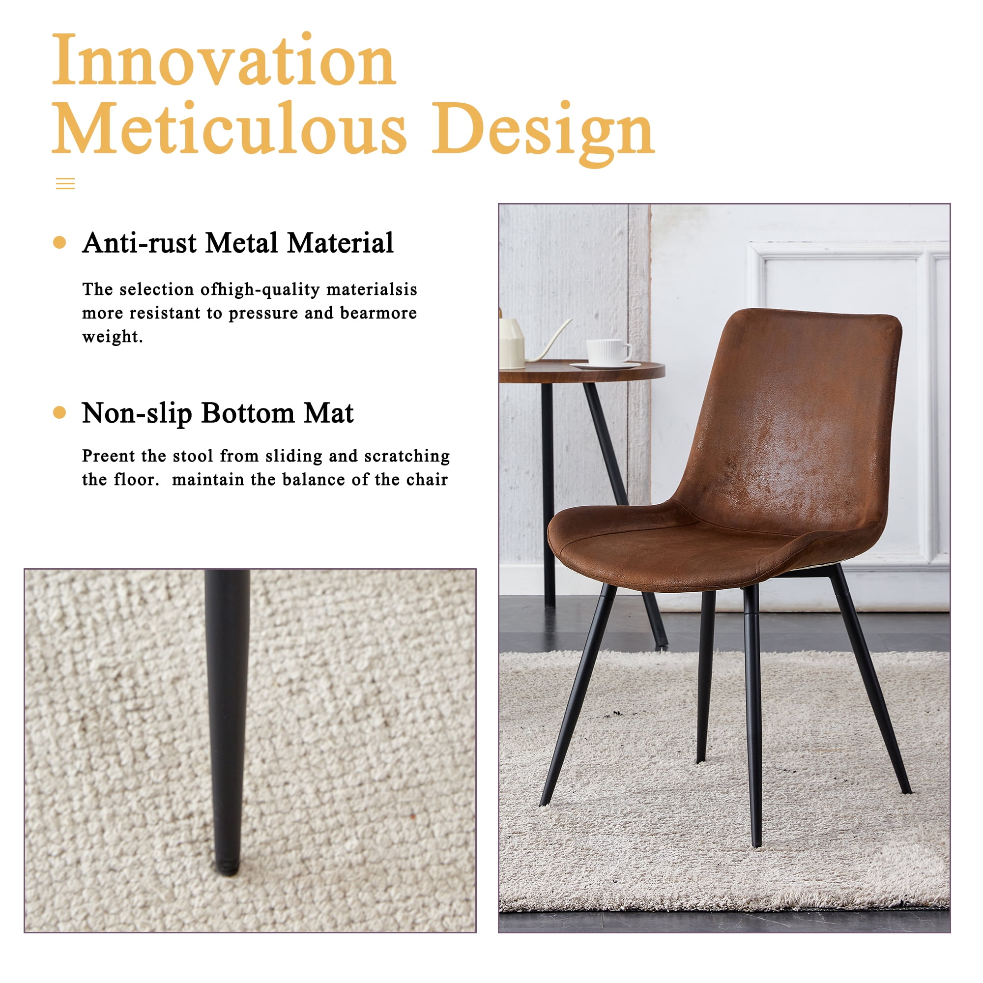 SUDICA Set of 6 Brown Faux Suede Dining Chairs, Upholstered Wide Seat with Black Metal Legs for Dining Room and Kitchen