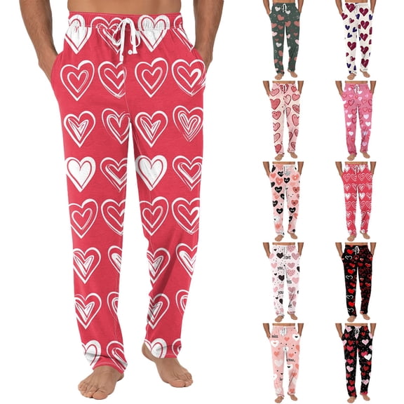 Men's Drawstring Pocket Cuffed Casual Pants, Valentine's Day Print Home Sleep Pants for Gift, Holiday and Relaxation,Black,L