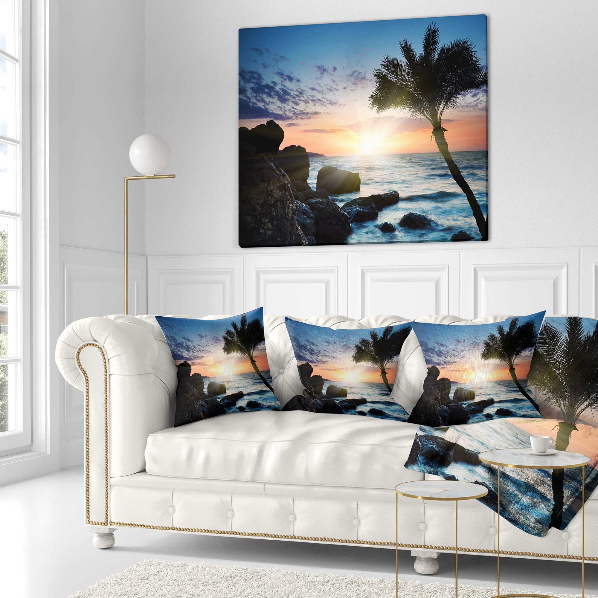 Designart Lonely Palm Tree on Rocky Beach - Modern Seashore Throw Pillow - 18x18