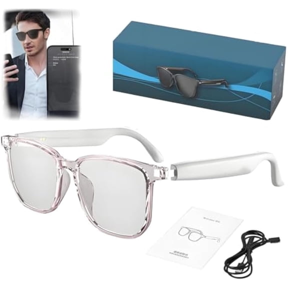 Multi functional AI Bluetooth smart glasses, Hy-C8PRO smart glasses, 2025 new wireless earphones, AI smart glasses for listening to music and making calls, supporting 75 languages, white