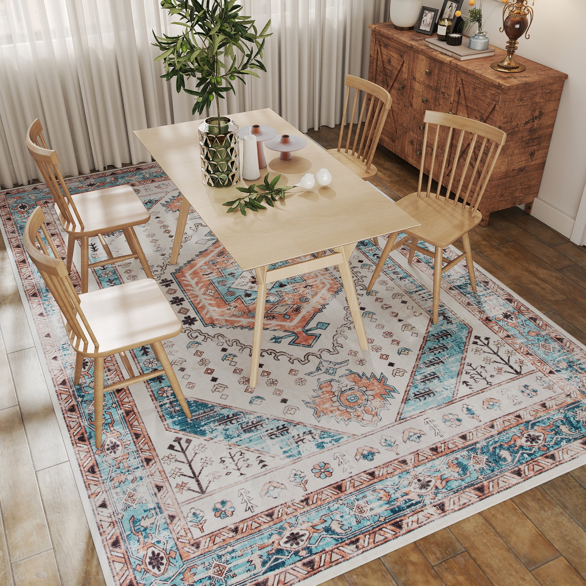 HOMCOM 8x10 Area Rug, Vintage Machine Washable Rug for Bedroom, Brown Blue