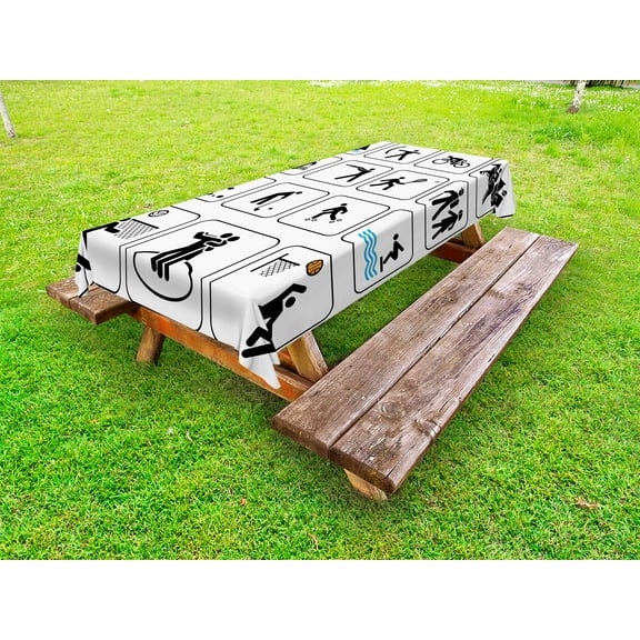 Olympics Outdoor Tablecloth, Sports Competition Games Signs Dancing Horse Riding Bowling Athletics Themed Art, Decorative Washable Fabric Picnic Tablecloth, 58 X 104 Inches, Black White, by Ambesonne