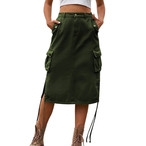 Falda midi con cordones de denim para mujer: informal, de longitud media, corte A, versátil para primavera/otoño