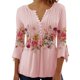 thumbnail image 3 of Top de manga 3/4 para mujer, estampado floral con botones, cintura plisada, dobladillo suelto, camisa con cuello en V para mujer, Top para fiesta y trabajo, Rosa M, 3 of 6