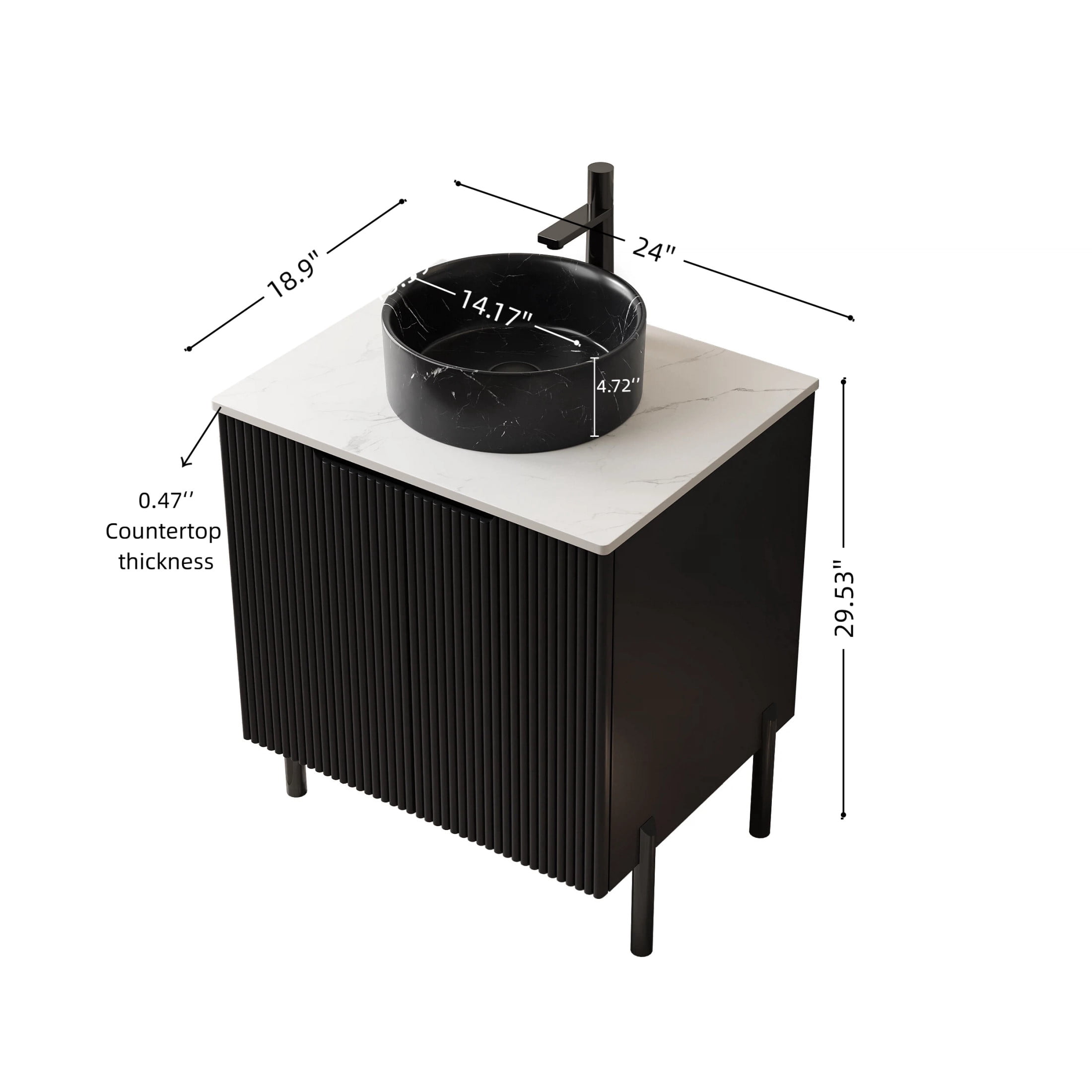 Noble House TURIO 24" Bathroom Vanity with Sintered Stone Countertop, Storage Cabinet, Black Stone Round Basin, Black