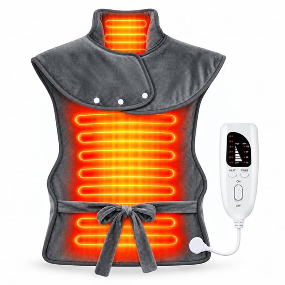 Shoulder & Neck Heating Pad Wrap, 3 Heat Settings, 2-Hour Auto-Off, Machine Washable, 120W, 37 x 24 in, Dark Gray