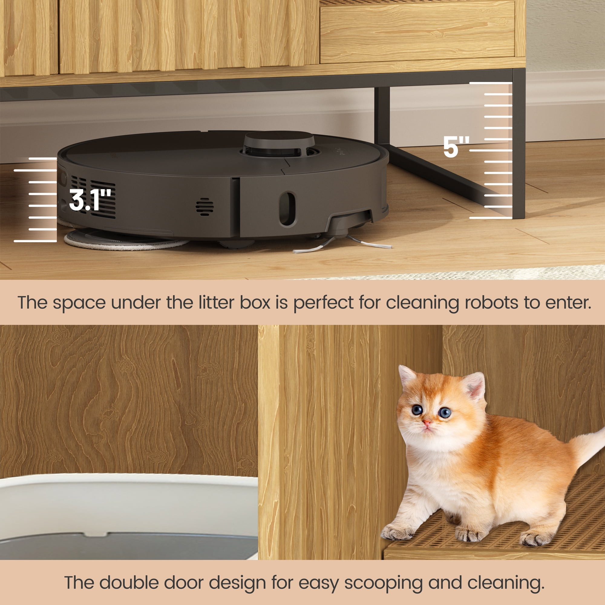 VEANERWOOD Cat Litter Box Enclosure Furniture, Wood Hidden Litter Box with Cat Scratch Pad, Beige